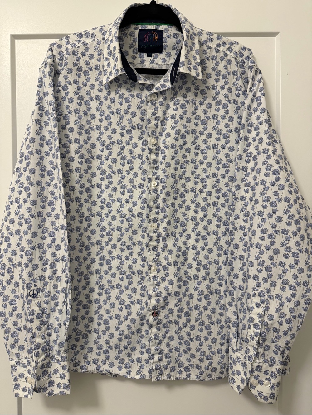 John Lennon Men's White with Blue Floral Print - Modern Tailored Fit dress shirt